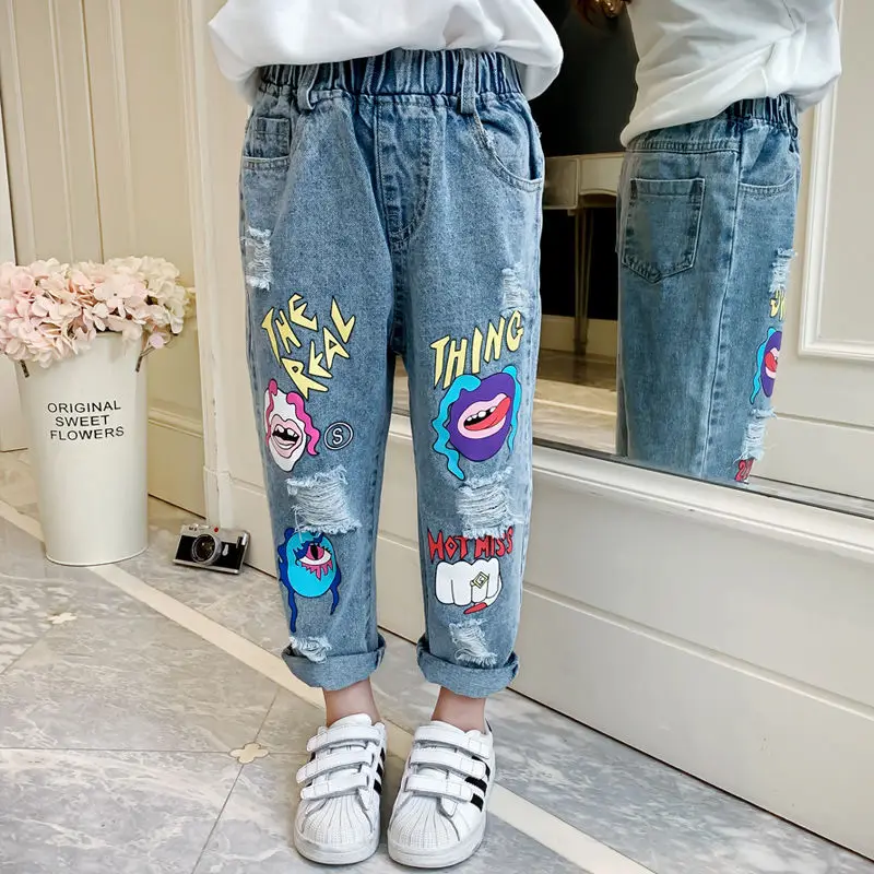 

Kids Denim Trousers Children's Clothing Korean Fashion High Waist Jeans Slim Cartoon Cute Print Hole Ripped Pants for Teen Girls
