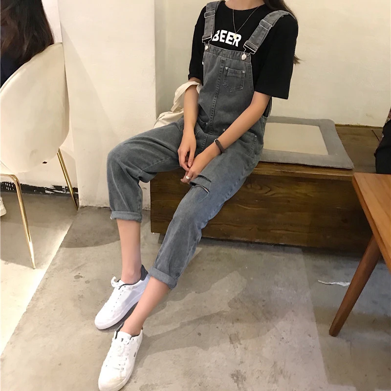 

Jumpsuits Women Streetwear Summer 2020 New Korean Style Loose Pockets Students Hole Fashion Simple All-match Womens Playsuits
