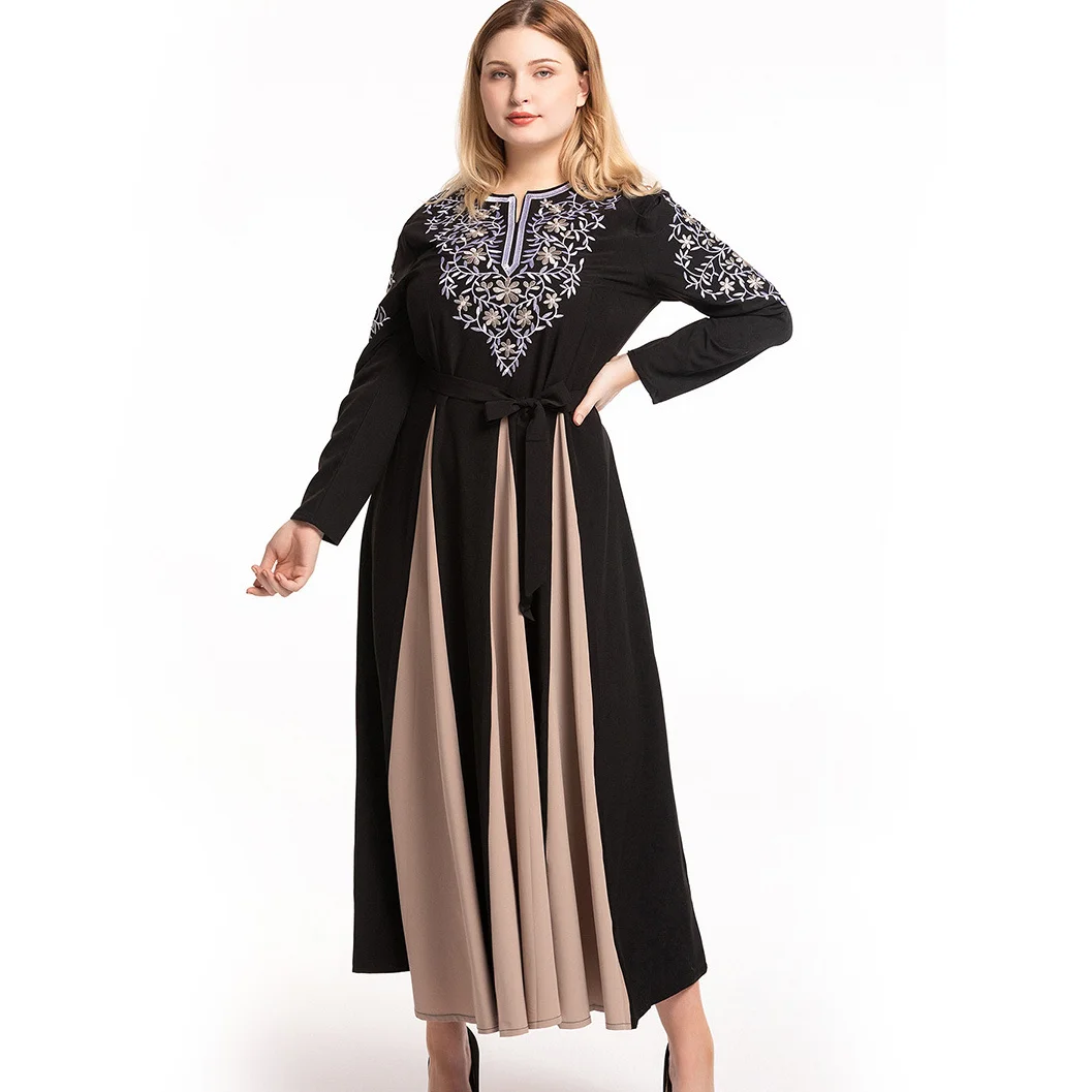 2021 Muslim Fashion European and American Large Size Fashion Embroidered Dress Round Neck Long Sleeve Stitching Big Swing