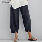 Винтажные льняные штаны ZANZEA, женские летние брюки, повседневные, с эластичной талией, асимметричные, женские укороченные штаны, большого размера