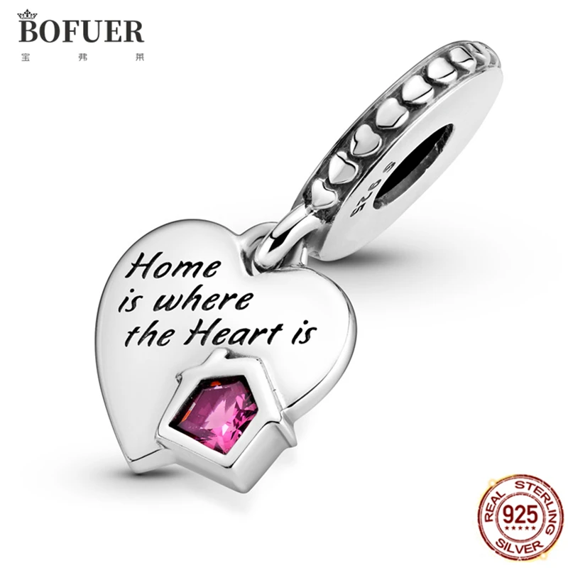 

New 925 Sterling Silver Home is Where The Heart is Bead Pink Pendant Charms Fit Original Pandora Fine Bracelet For Women Jewelry