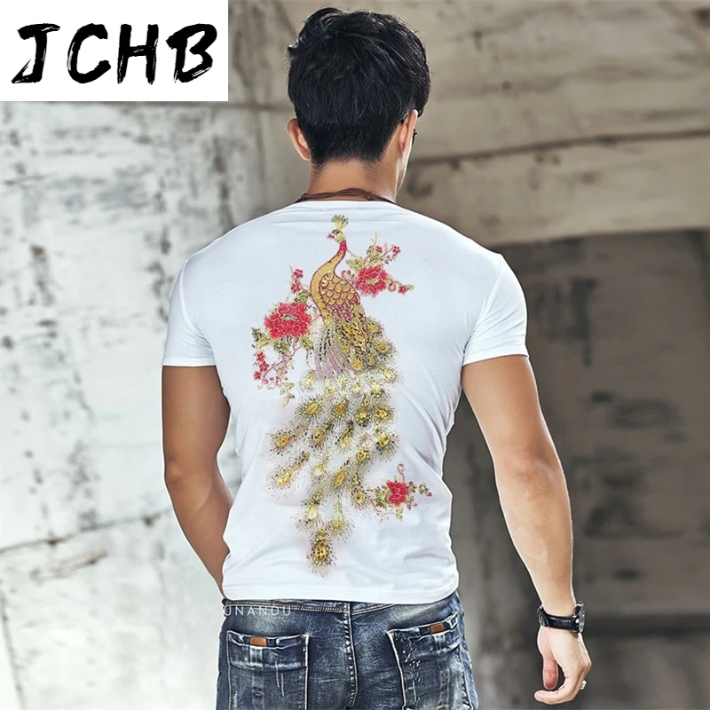 

Summer 2021 Men Phoenix Embroidery Peacock Pattern T shirts Man's Large Size Mesh Flower Sequins Short Sleeve T-shirt