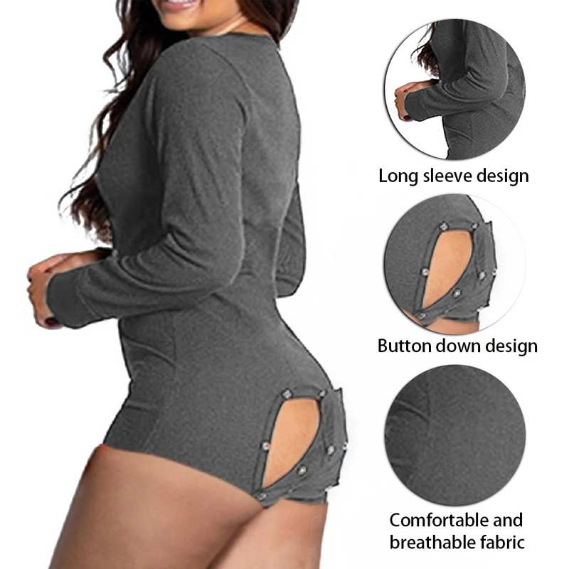 

Sexy Women Ladies Body Romper Jumpsuit Sleepwear Home Wear V-neck Bodycon Button Long Sleeve Leotard Womens Playsuit Bodysuit