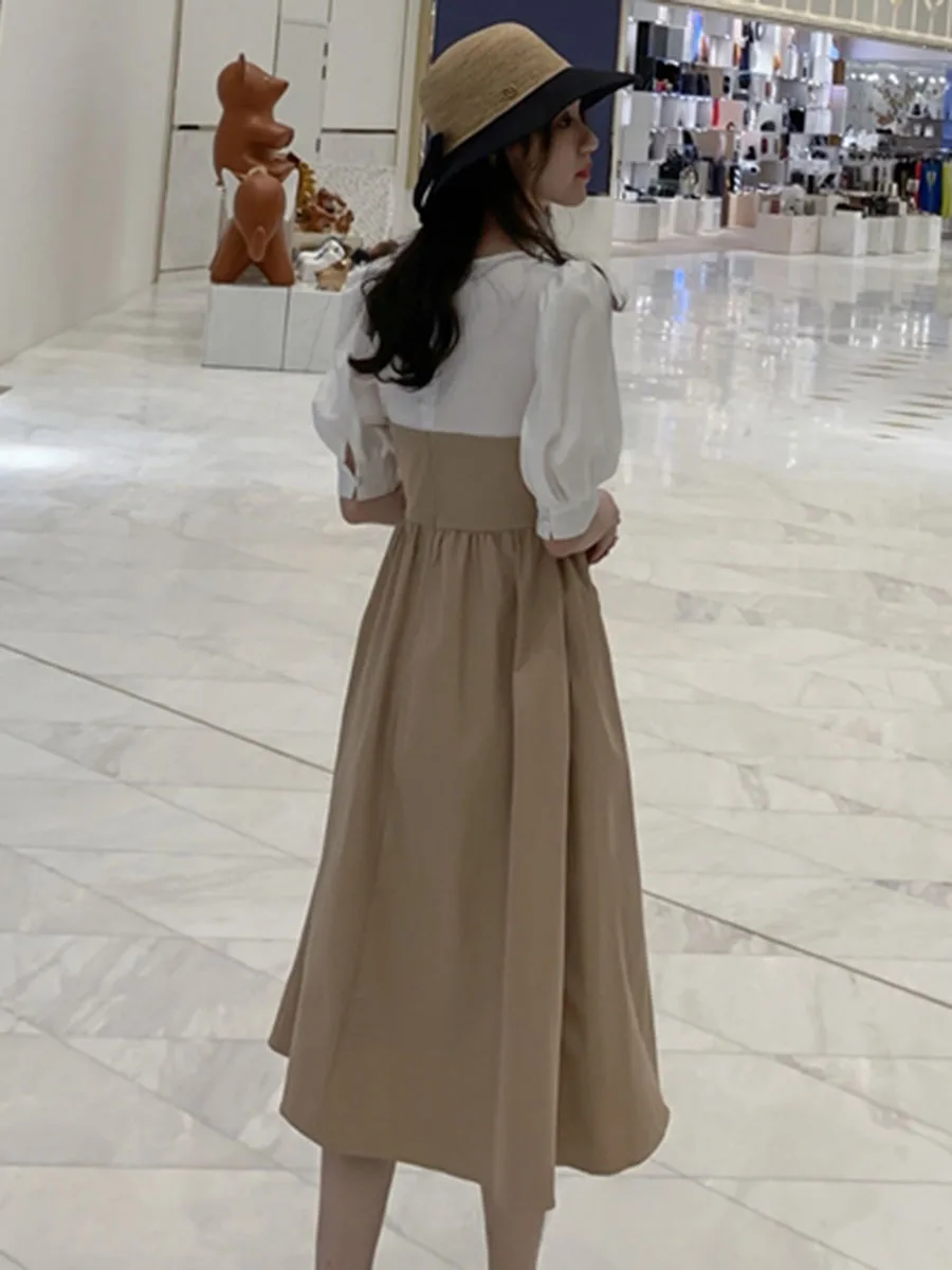 Женское платье из двух частей с пышными рукавами летние длинные корейские платья