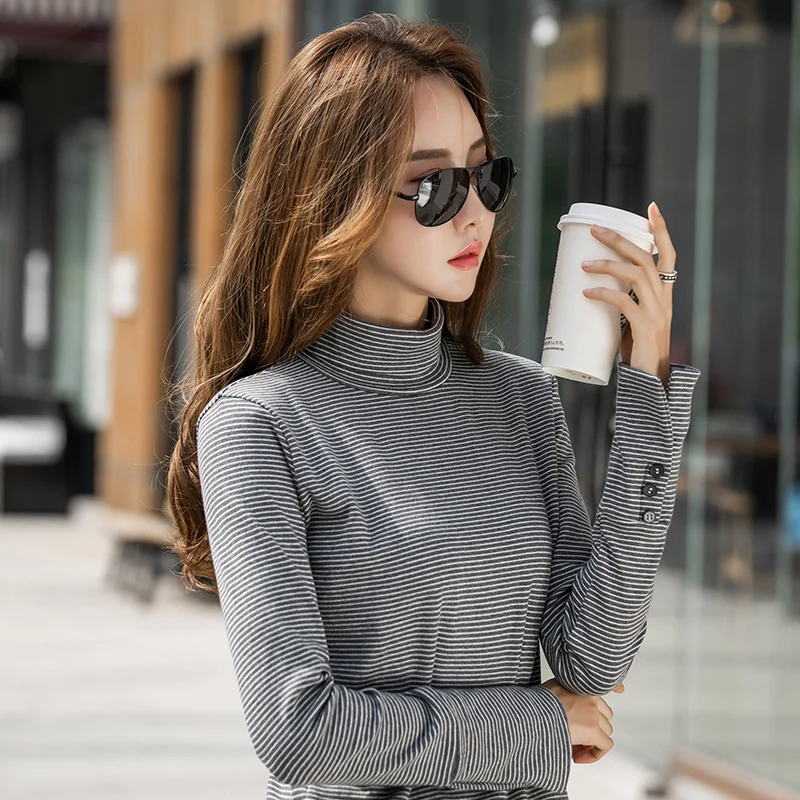 Женская футболка в полоску с воротником стойкой и длинным рукавом 6978 50|Футболки| |