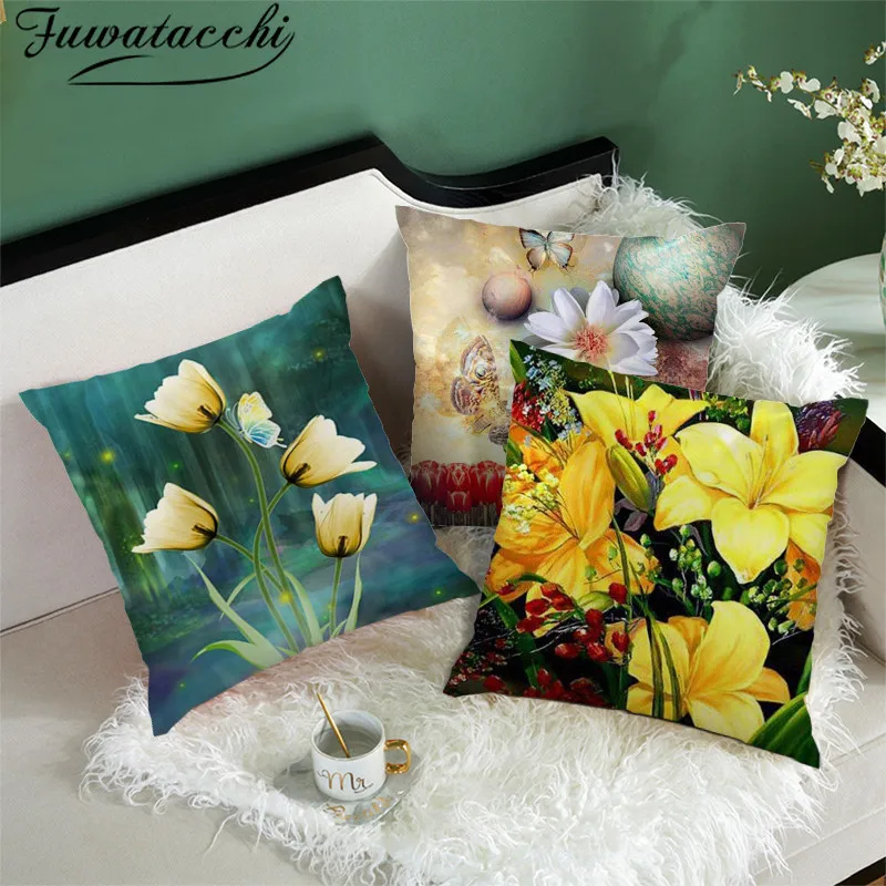 

Fuwatacchi Rose Printed Pillow Cushion Cover Flower Leaf Pattern Decorative Pillow Case Sofa Seat Home Decor Cover Pillowcase
