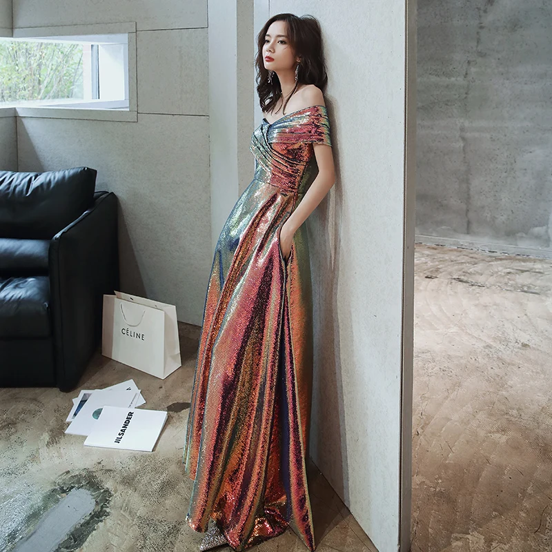 

Elegant Boat Neck Off The Shoulder Shiny Prom Dresses 2020 A-line Floor-length Long Women Evening Dresses Sparkle Gala Gowns