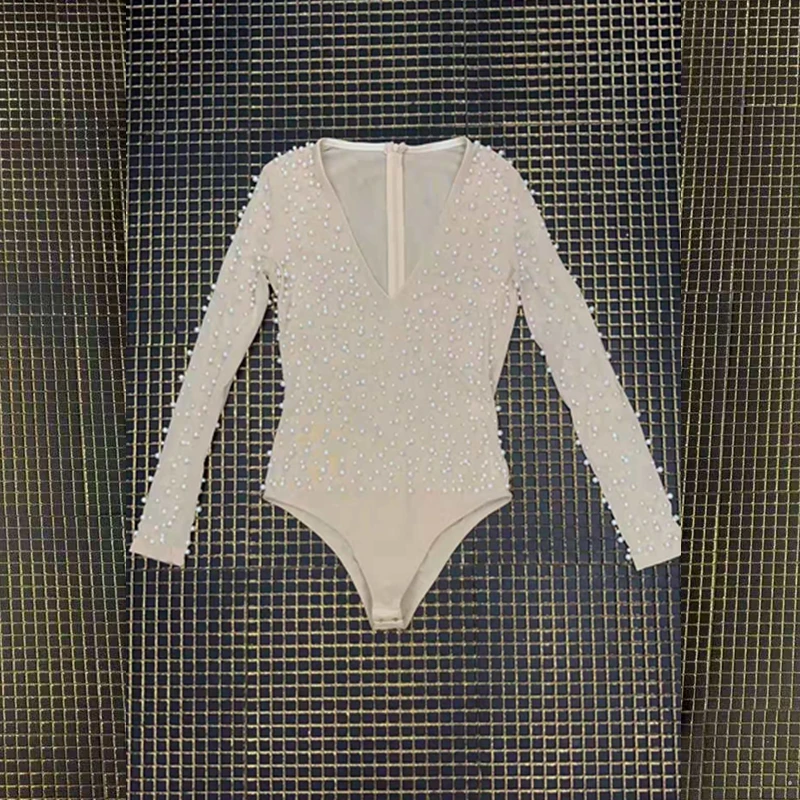 2019 пикантная бежевая сетка с v-образным вырезом комбинезоны бисером Для женщин