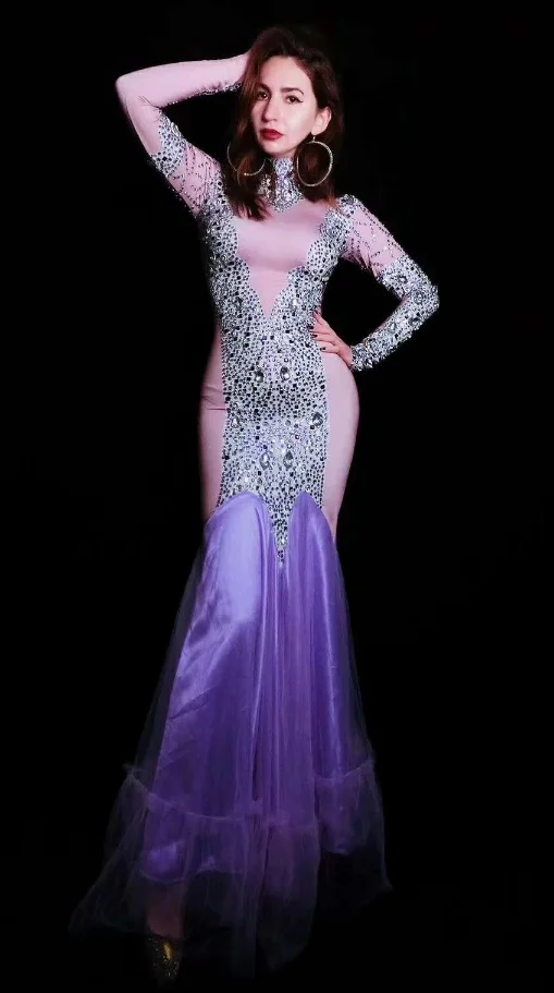 

Women Spring Dress Patchwork Chiffon Rhinestone Sexy Elastic High Quality Custom Maxi Dress Bar Party Stage Performance Costume
