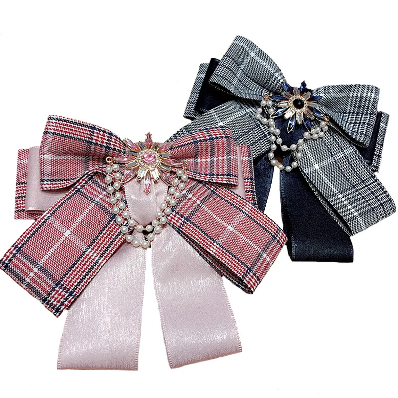 Женский Галстук-бабочка в розовую клетку многослойный с жемчужной булавкой