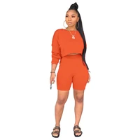 women two piece set autumn o neck crop topbiker shorts 2 piece set for women fall clothes 2021 outfits tracksuits womens suits