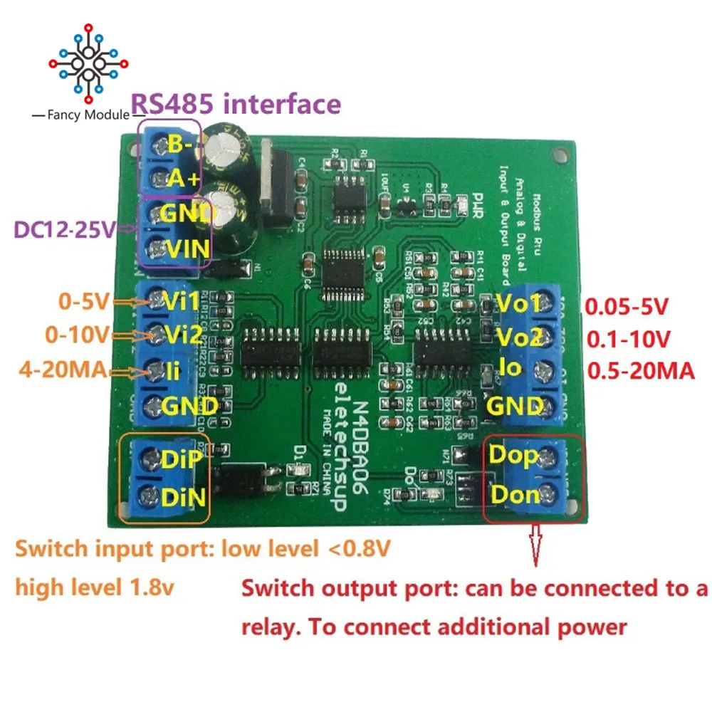 

RS485 Modbus N4DBA06 8-канальный Аналоговый Цифровой модуль ввода-вывода Rtu протокол ADC DAC