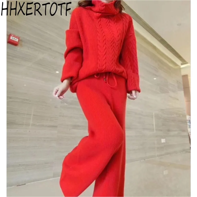 Зимний модный женский шерстяной вязаный костюм повседневный утепленный свитер с