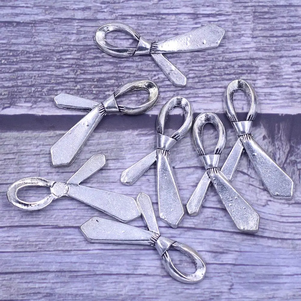 

5Pcs Pendants Tie Necktie Cravate Breloque Metal Antique Silver Tone For Charm Necklaces Jewelry DIY Findings 38x19mm