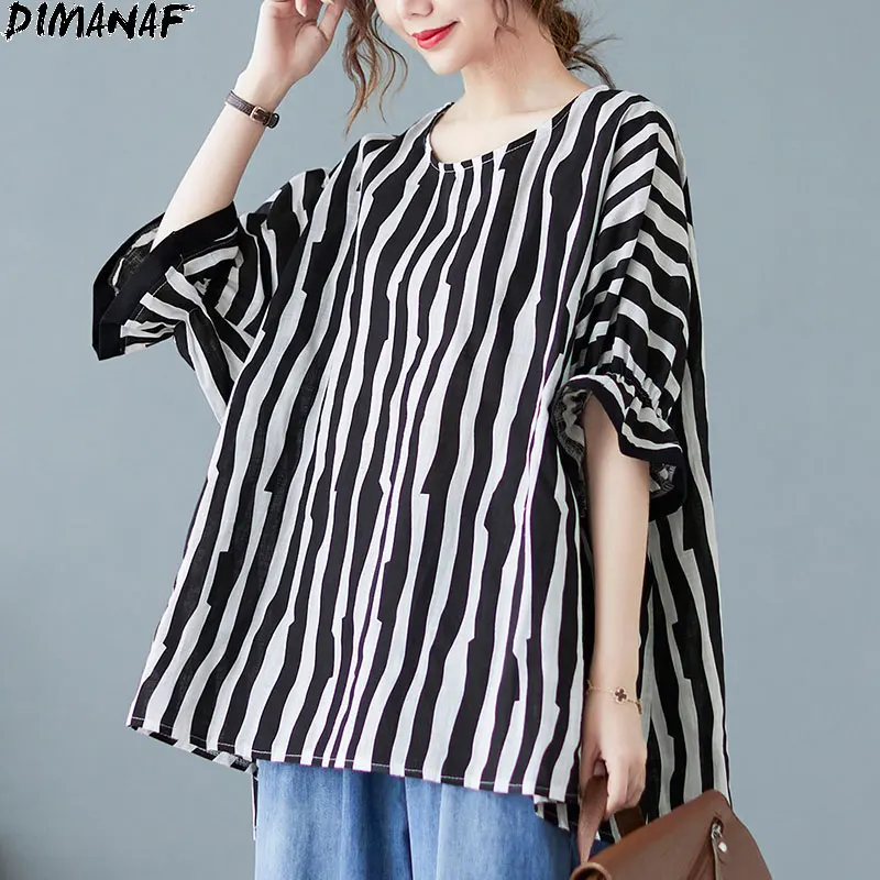 

Женская льняная футболка DIMANAF, свободная рубашка в полоску в стиле пэчворк, большие размеры, лето 2021