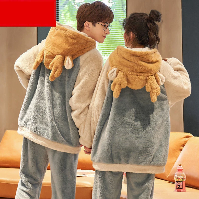 Couple Pajamas Autumn and Winter Models Coral Fleece Men Women Facecloth Cute Thickened Velvet Antlers Winter Pajamas Sleepwear