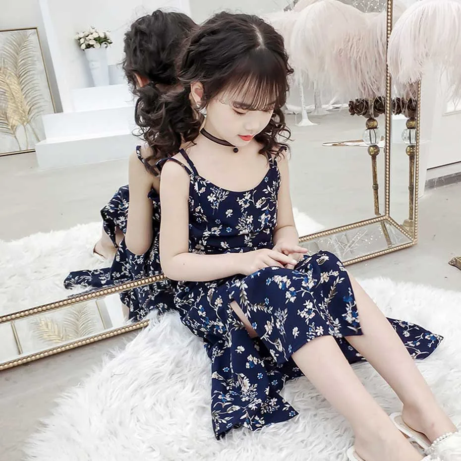 Летнее платье для девочек Платье на бретелях с цветочным принтом Обтягивающие