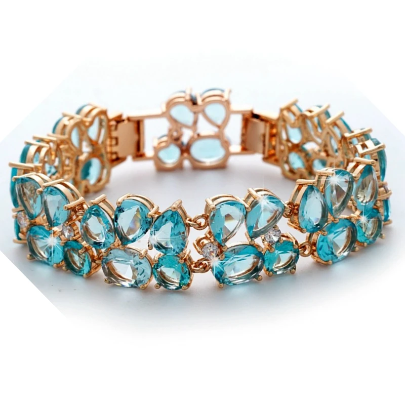 

Luxury Charms Bracelets & Bangles for Women Gold Color Light Blue Full Crystal Zircon Bangles Water Drop Wedding Jewelry