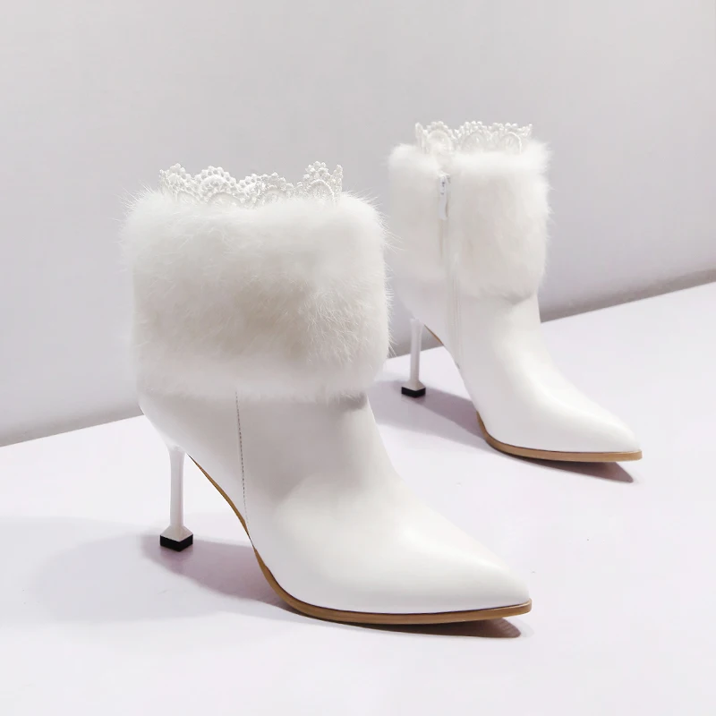 2019 г. Роскошные женские белые сапоги на шнуровке теплые зимние высоком каблуке 10