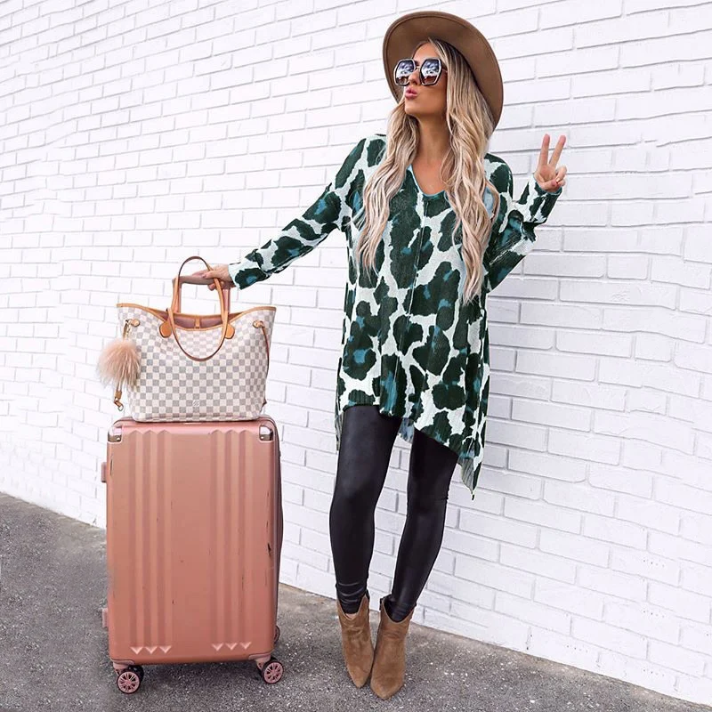 

2020 New Autumn Women's Fashion V-neck Leopard Print Long Sleeve Casual Sweater Cardigan Vintage Knitted Coat Outwear