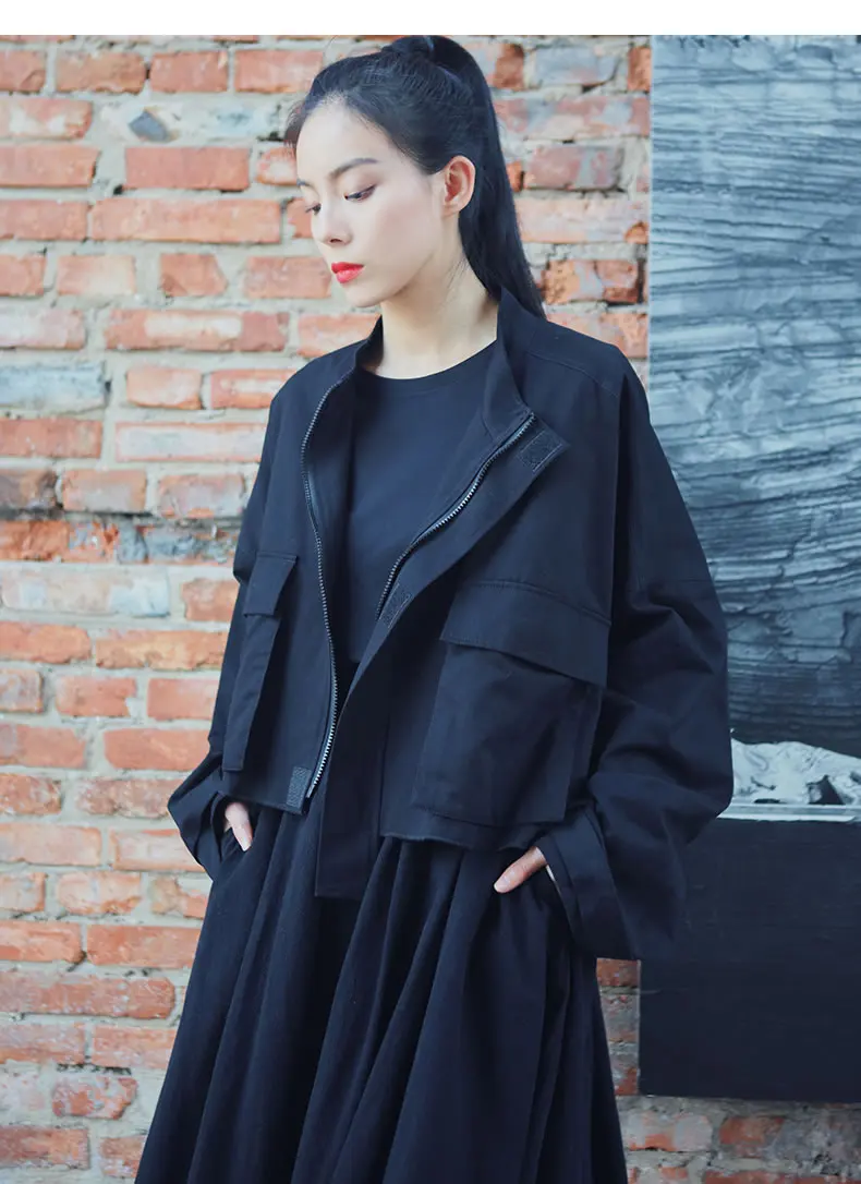 XITAO Harajuku стиль короткие теплые пальто и куртки для женщин стоячий воротник Черная куртка винтажная уличная верхняя женская XJ2098