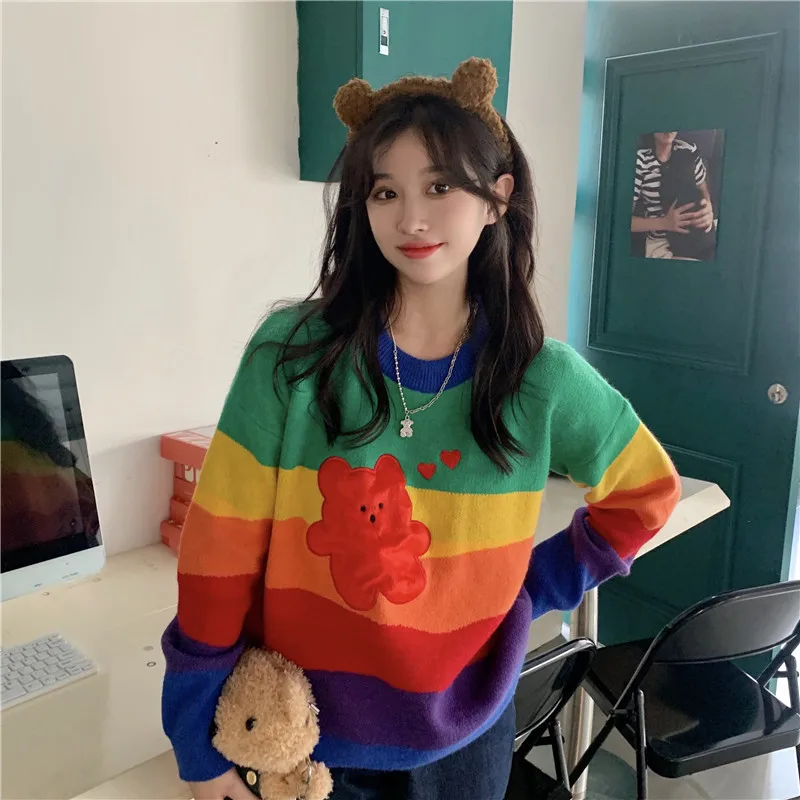 

Korean loose rainbow striped cute bear embroidery sweater Harajuku winter Women knit Kawaii Sweater Female Casual Pullovers Tops