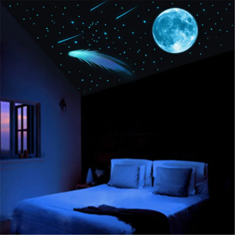 Синие Светящиеся Настенные наклейки в виде луны и звезд метеоритные для спальни