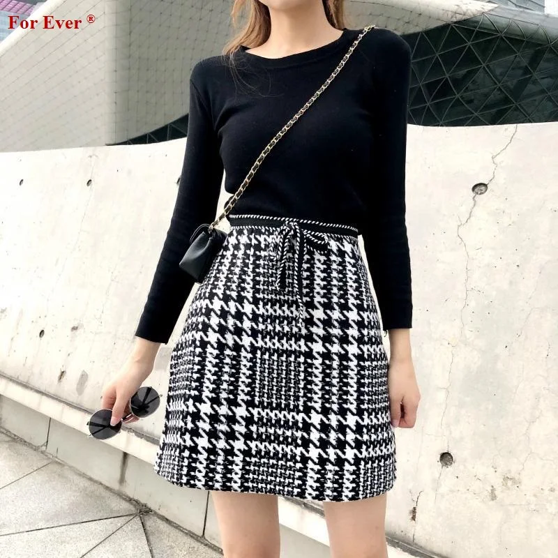 Женский модный костюм осень/весна новый ретро плед шерсть короткая юбка мини