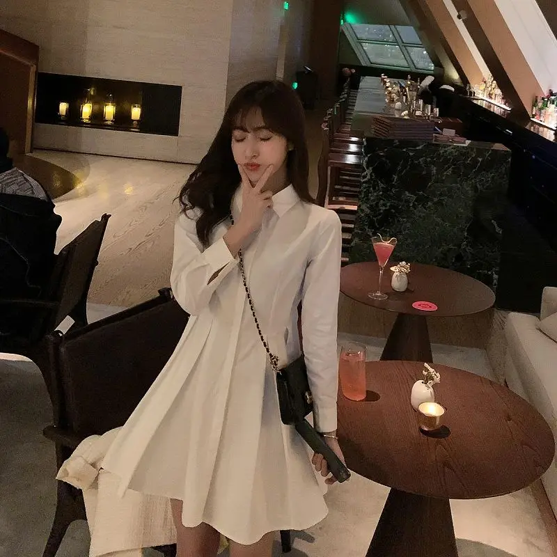

White Temperament Shirt Dress Women's Spring Pleated A-Line Hong Kong Style Retro Chic Waist Mid Length Fashion Skirt Vfemage