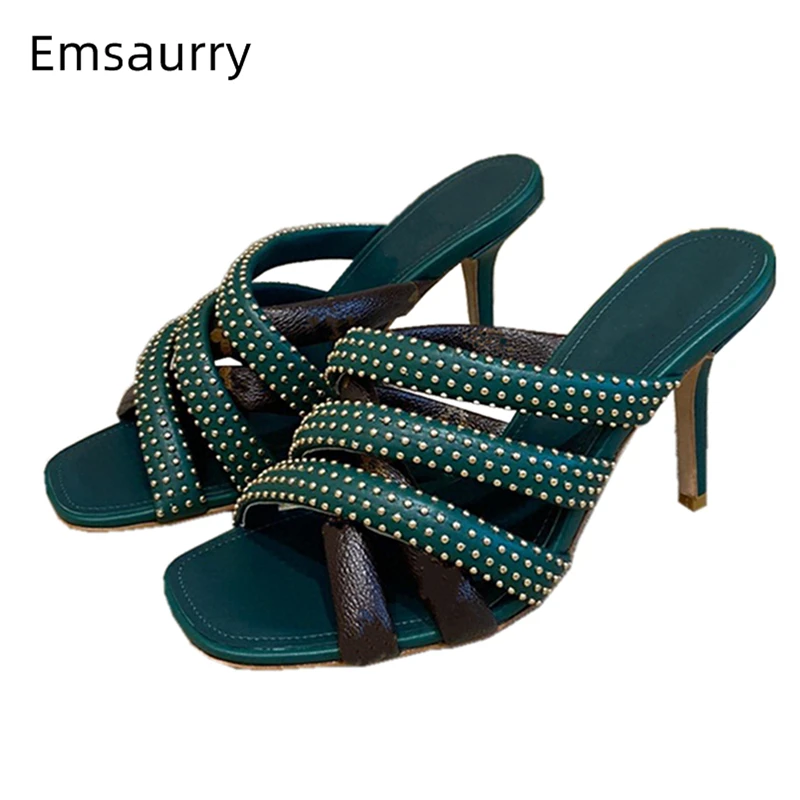 

Rivet Decor Genuine Leather Sandals For Girls Women Stiletto Heel Cross Narrow Band Open Toe Slingbacks Slim Mules Summer
