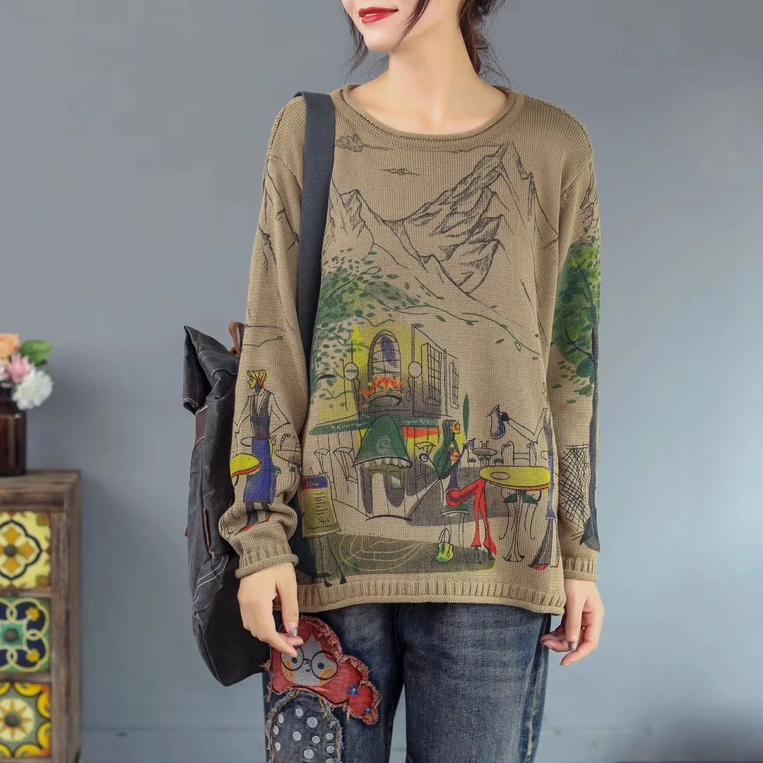 Осенне-весенний свитер для женщин в стиле ретро свободный с круглым вырезом и