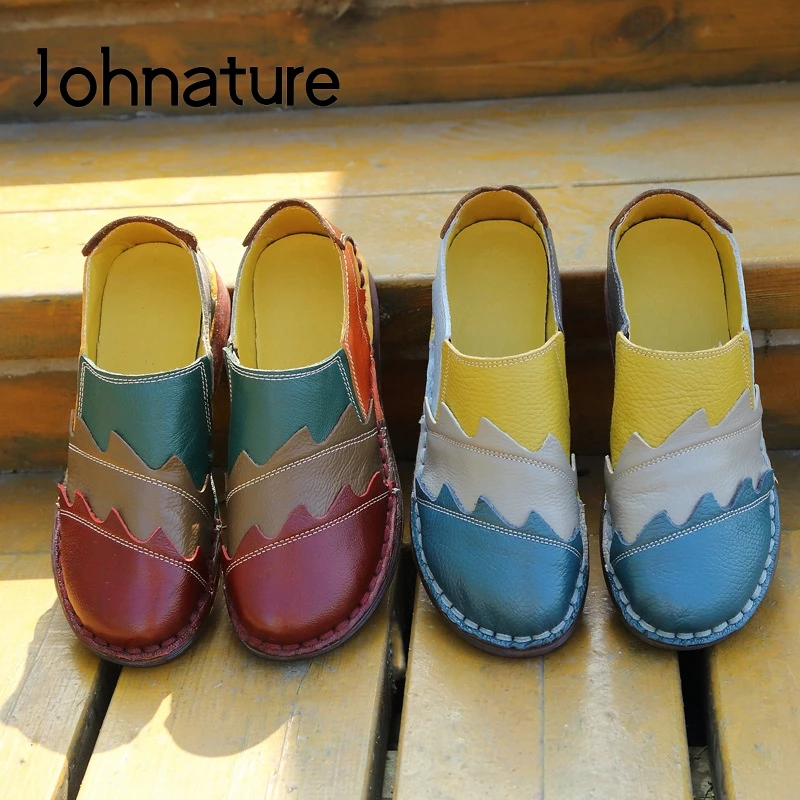 

Женские туфли на плоской подошве Johnature, разноцветные туфли из натуральной кожи, с круглым носком, ручной работы, повседневные, осенний сезон ...