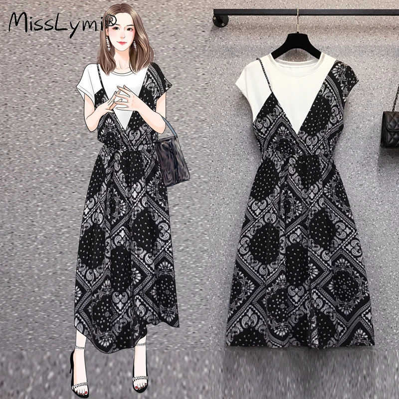 

4XL Plus Size Women Bohemia Print A-Line Dress Summer 2021 Short Sleeve Cotton Tshirt Patchwork Loose Floral Chiffon Dresses