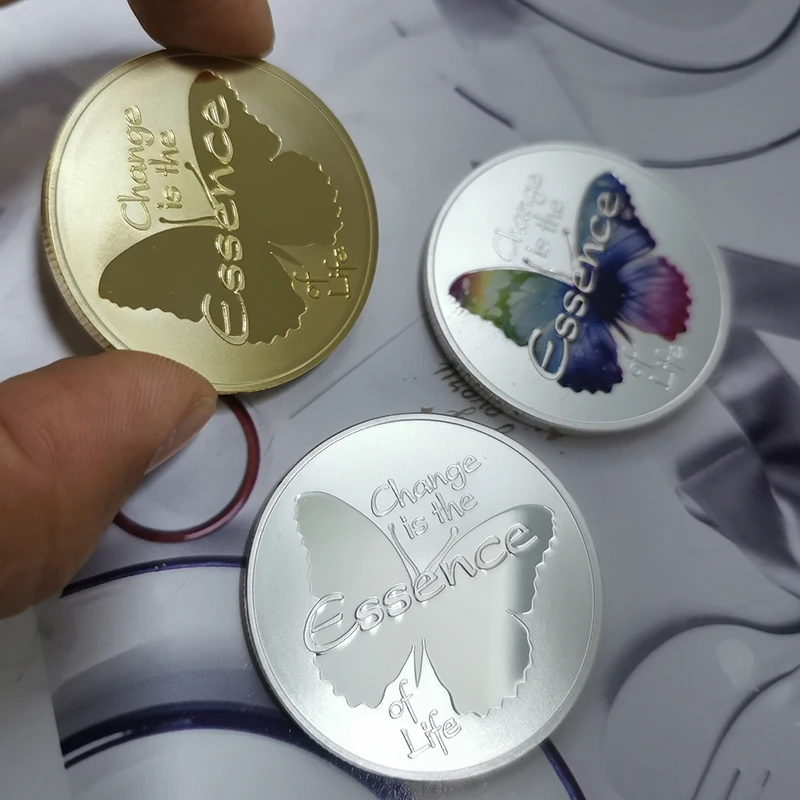 3PCs Color Butterfly Metamorphosis Animal Gold Silver Coins &quot Change is the Essence of Life Inspirational Wish Lucky Gifts | Дом и сад