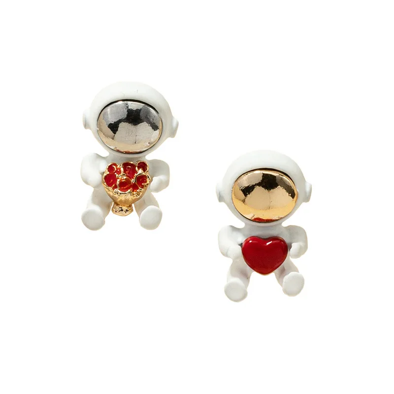 

NEW Cute Asymmetric Heart Rose Flower Astronaut Stud Earrings Fashion Cartoon Spaceman Earrings For Women Couple Gift Brincos