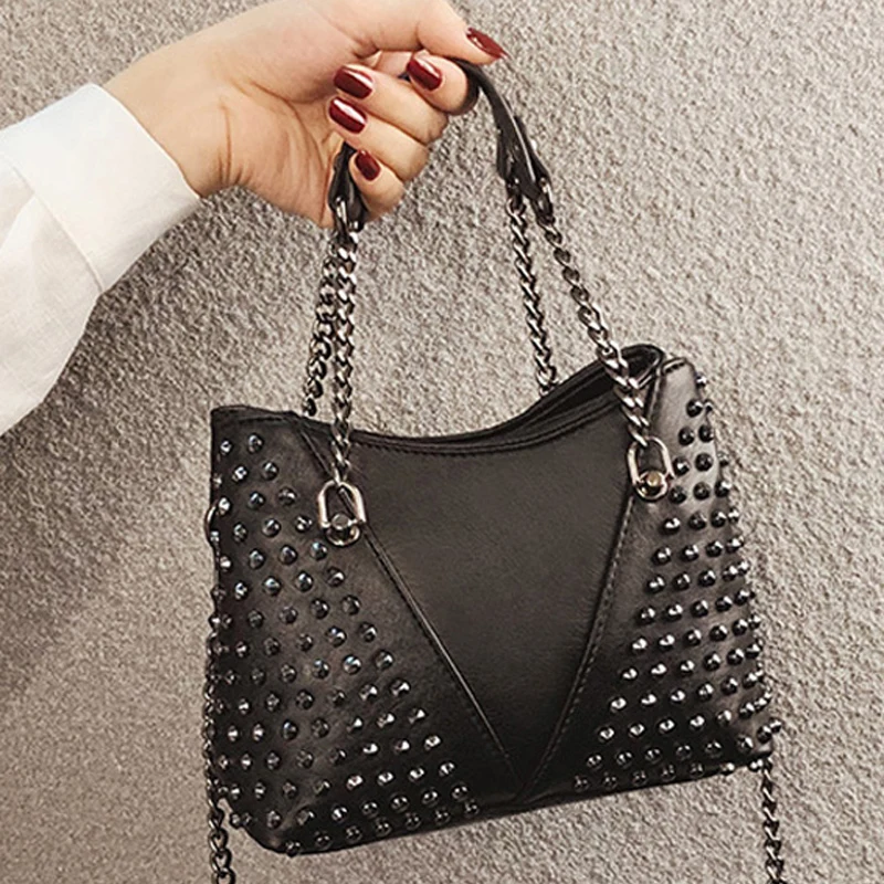 Vintage Rivet Shoulder Bag Female Small Bags For Women Handbags Punk Handbag Leather Messenger Purses Chain Clutch | Багаж и сумки