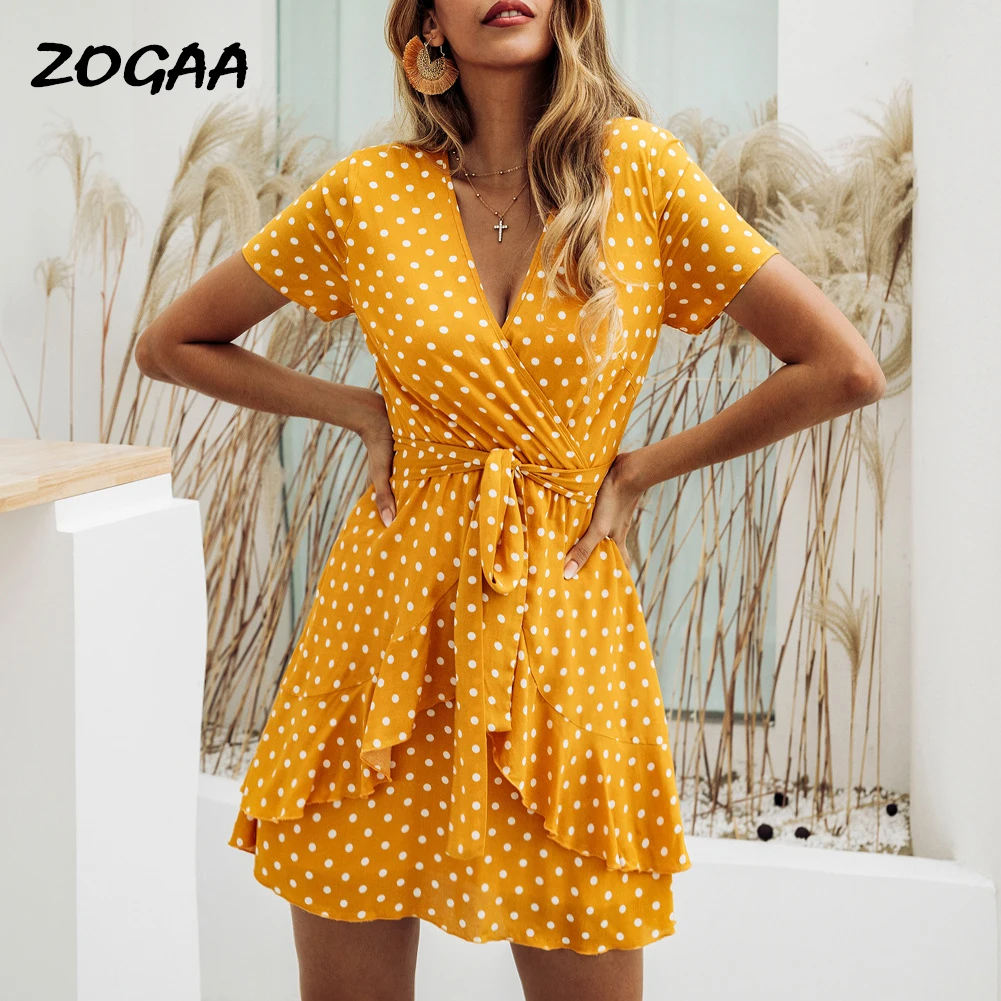Летнее платье ZOGAA для женщин в стиле кэжуал с красными горошками, оборками и короткими рукавами, элегантное 2020 черно-желтое, высокое качество.