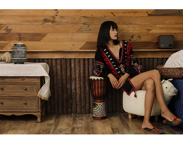 Boho Inspird женская блузка рубашка Ретро Народная украинская вышивка блузки в богемном стиле бахрома с кисточками Топ с длинным рукавом льняные блузы