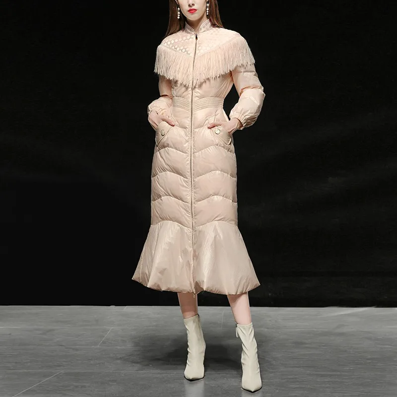 Зимняя длинная юбка стильное плотное теплое пальто на белом утином пуху женское