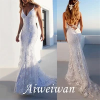 mermaid sleeveless length court train floor length spaghetti straps lace boho beach wedding dress 2021