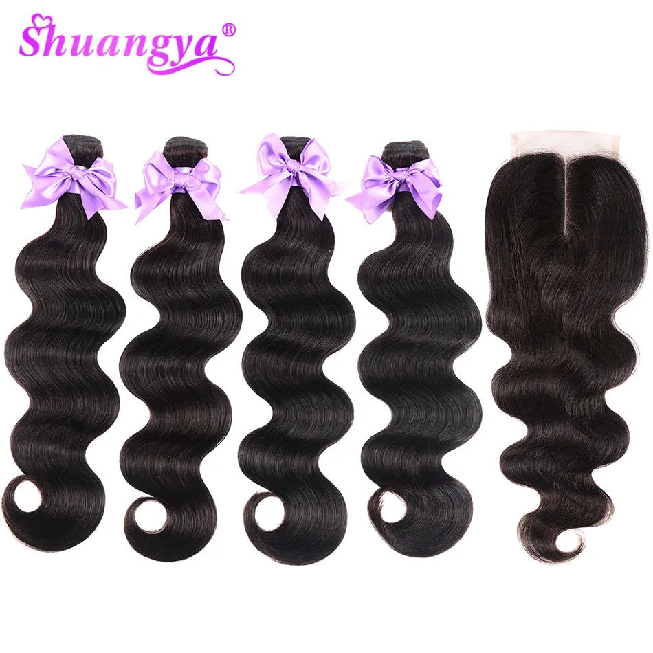 Shuangya индийские волнистые пучки с закрытием 3 пучка Remy 100% человеческие волосы