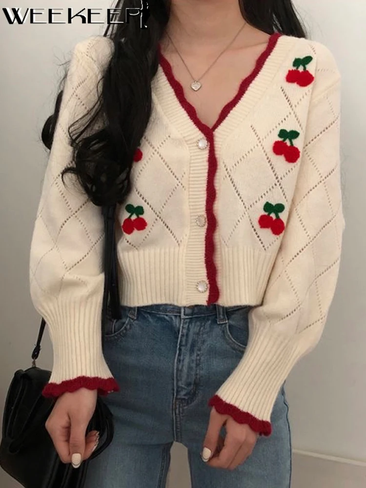 

Weekeep Autumn Y2k Sweater Women Cute Fruit Embroidery V Neck Button Up Knit Crop Cardigan Harajuku Korean Street Casual Jumpers
