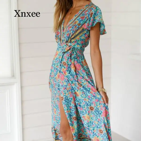 

Summer Women's Dress 2021 Sexy Printed Bowknot Holiday Beach Wrap Dress V-Neck Bohemian Dress Elegant Party Dress