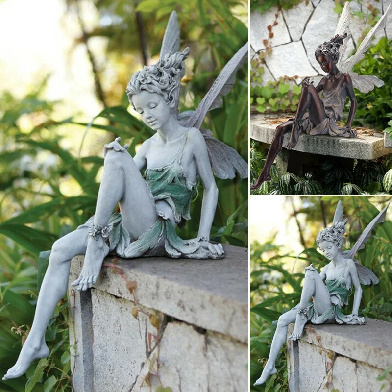 18/22cm Tudor And Turek Resin Sitting Fairy Statue Garden Ornament Porch Sculpture Yard Craft Landscaping For Garden Decor