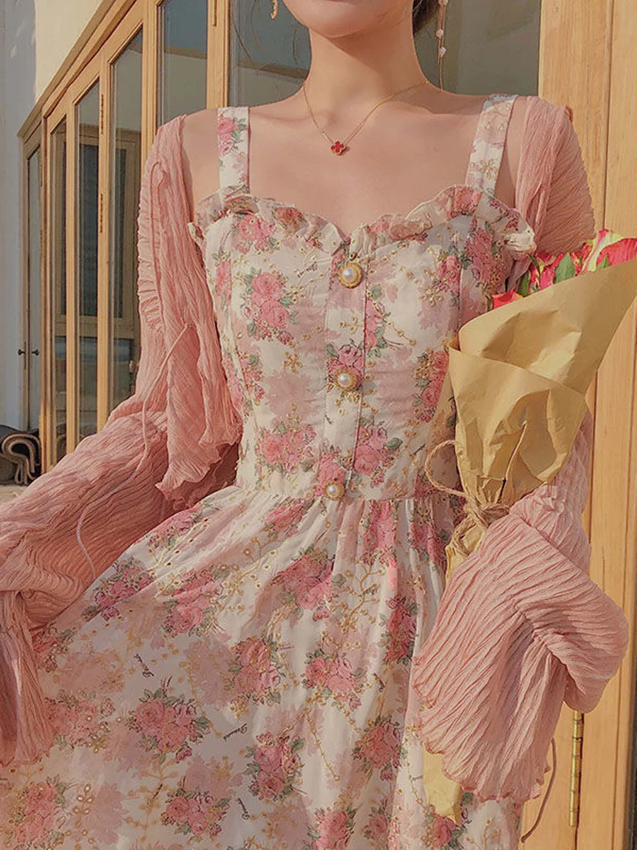 

Elegant Vintage Floral Straps Dress for Women 2021 New Summer High Waist Loose Plus Size Holiday Beach Dress Female Party Dress