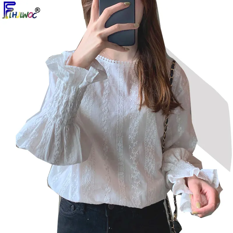 

Женская кружевная блузка, белая винтажная блузка, в Корейском стиле преппи, повседневная, 027, милые сладкие Топы