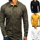 Мужская Однотонная рубашка, простая приталенная рубашка с несколькими карманами, длинным рукавом и воротником с лацканами