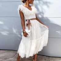 sexy v neck solid color mesh dress women elegant butterfly sleeves ruffle sleeveless fashion lace up lace up summer dresses 2022