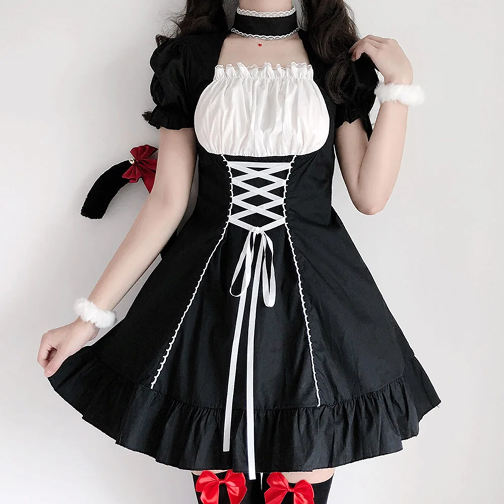 

Rosetic Japanese Style Summer Lolita Gothic Dress Women Sweet Aline Bowknot Patchwork Gothic Retro Short Sleeve Princess Dresses