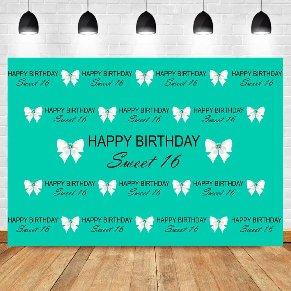 

Nitree Sweet 16 Happy Birthday Backdrop White Bow Repeat Steps Photography Background Dessert Table Photographic Props Backdrop